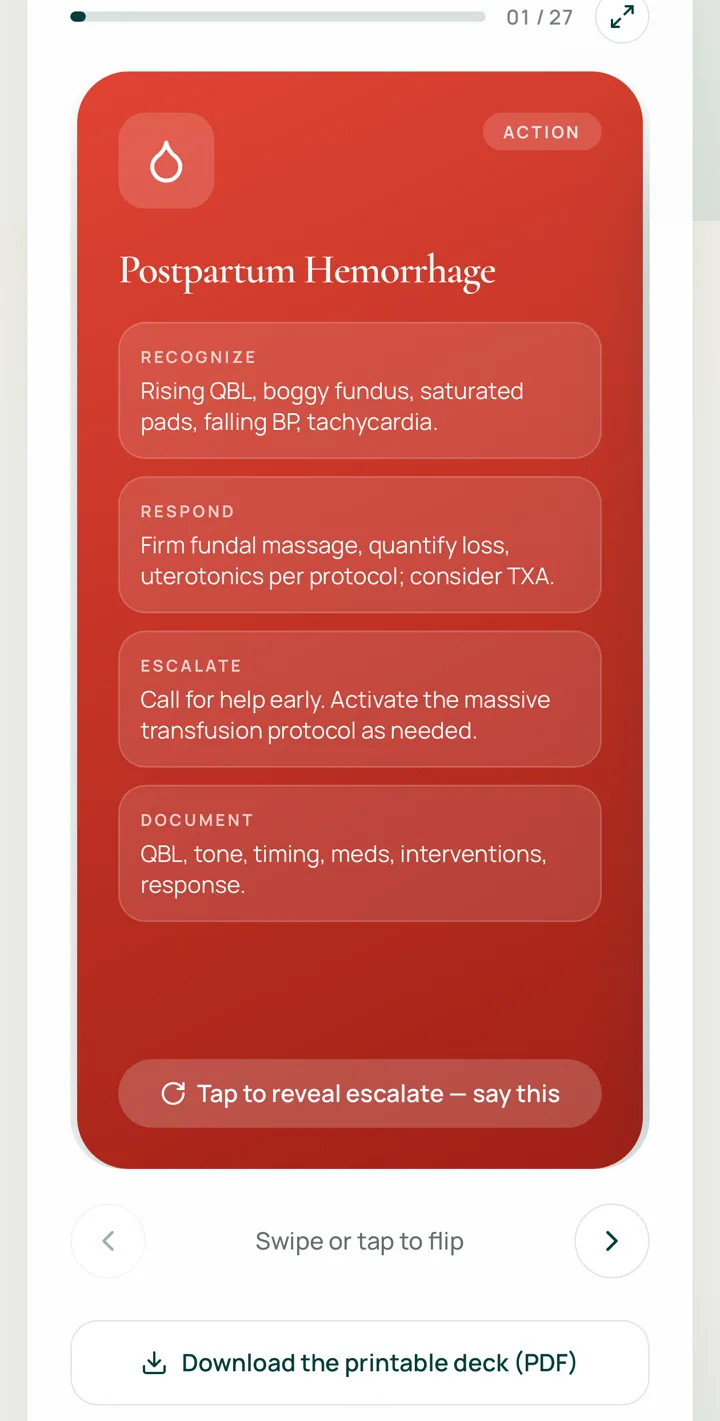 Pocket Command Card for postpartum hemorrhage — recognize, respond, escalate, document