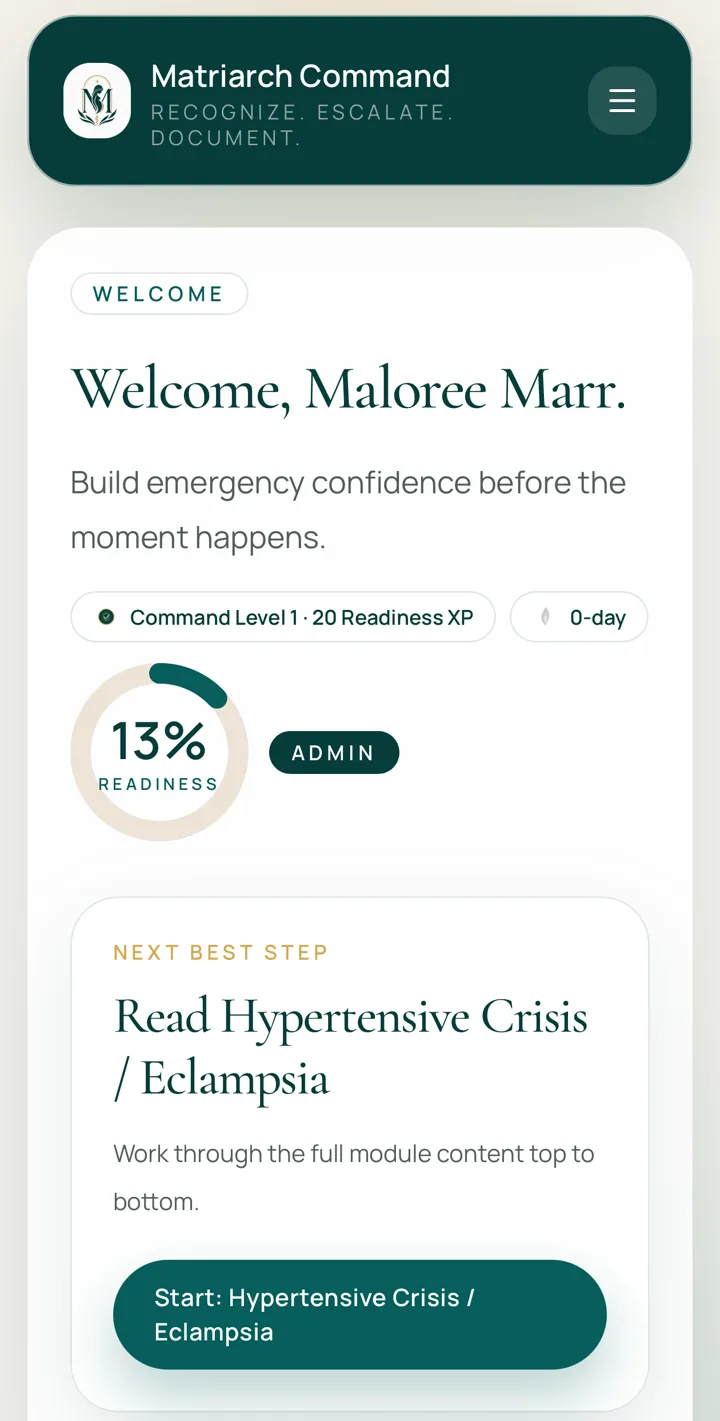Matriarch Command dashboard with readiness score and next best step
