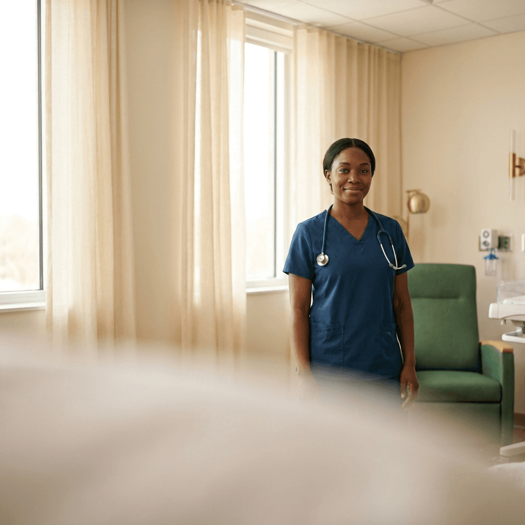 Calm, confident labor & delivery nurse at the bedside